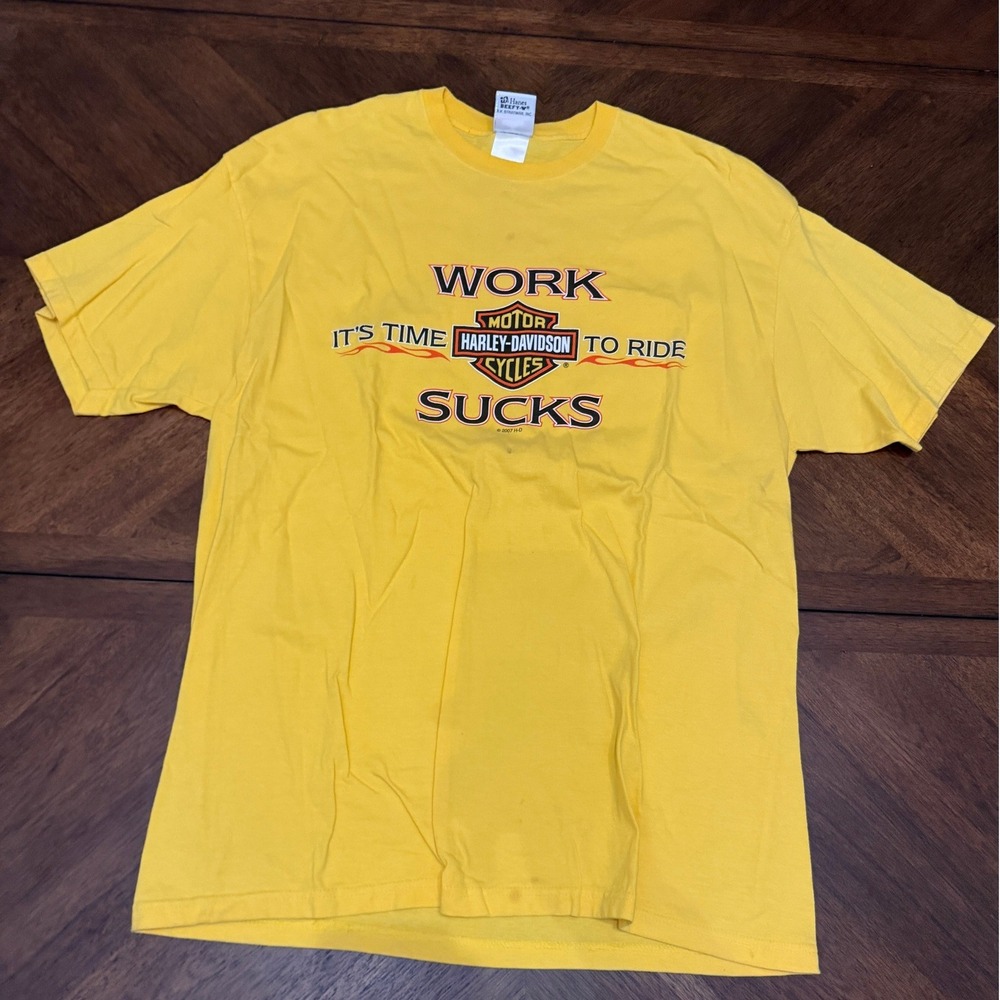 Harley-Davidson Work Suck Its Time To Ride T-Shirt Yellow Mens XL Denton TX 2007